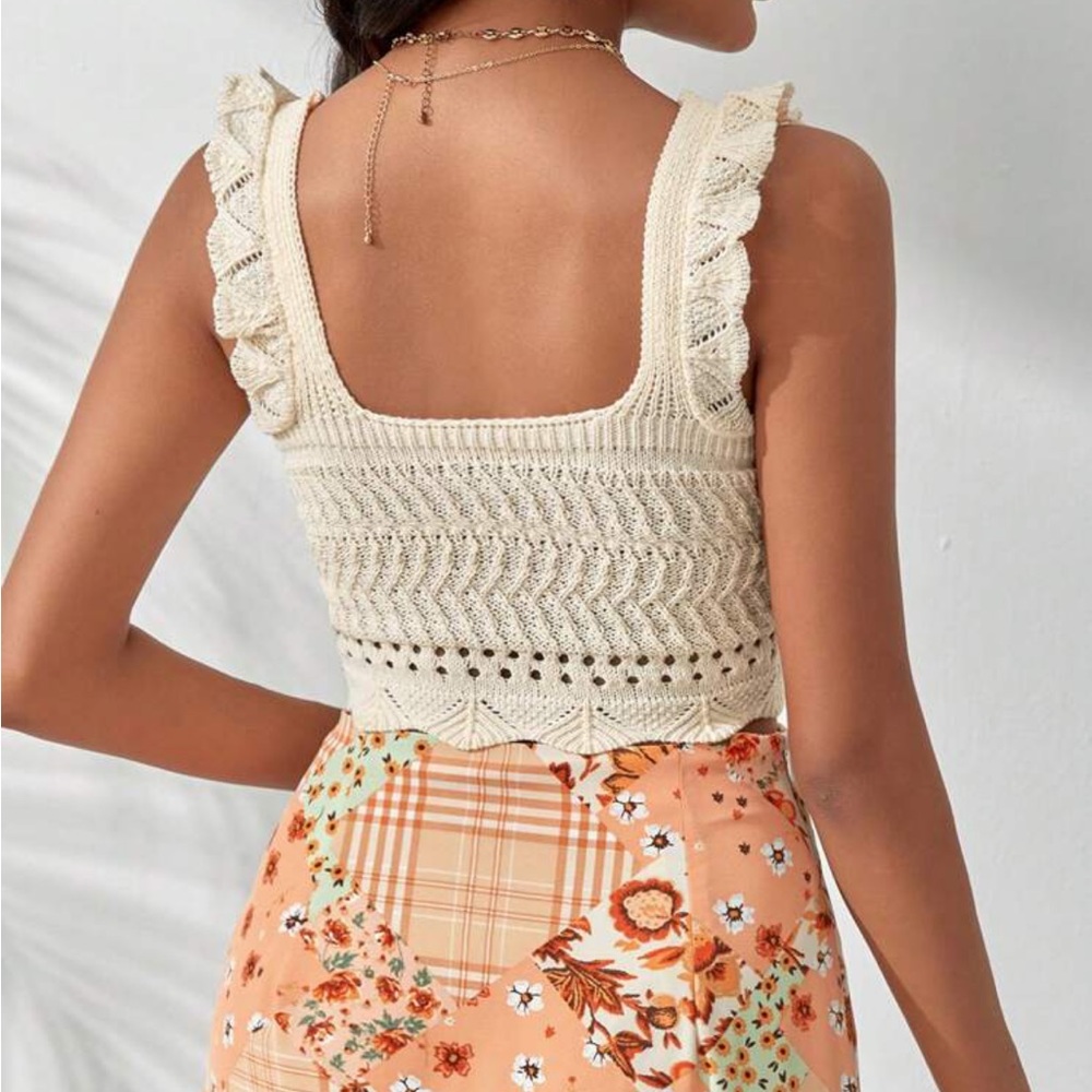Cream Crochet knitted Ruffle Trim Knit Top - Picture 3 of 4